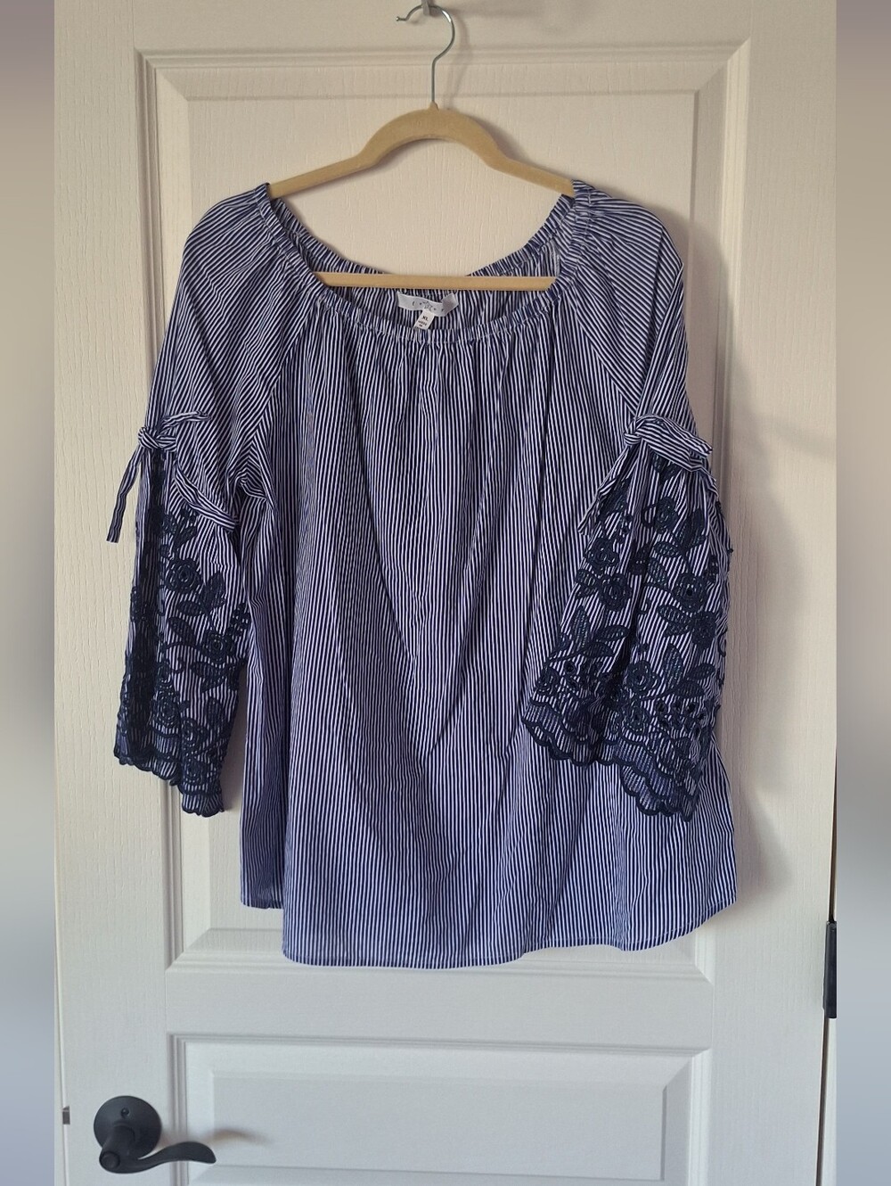 Fever Navy and White Striped Blouse with Navy Lace Sleeves